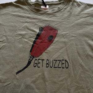 Vintage Anvil Olive Green 'Get Buzzed' T-Shirt with Hair Clipper Graphic, Size M